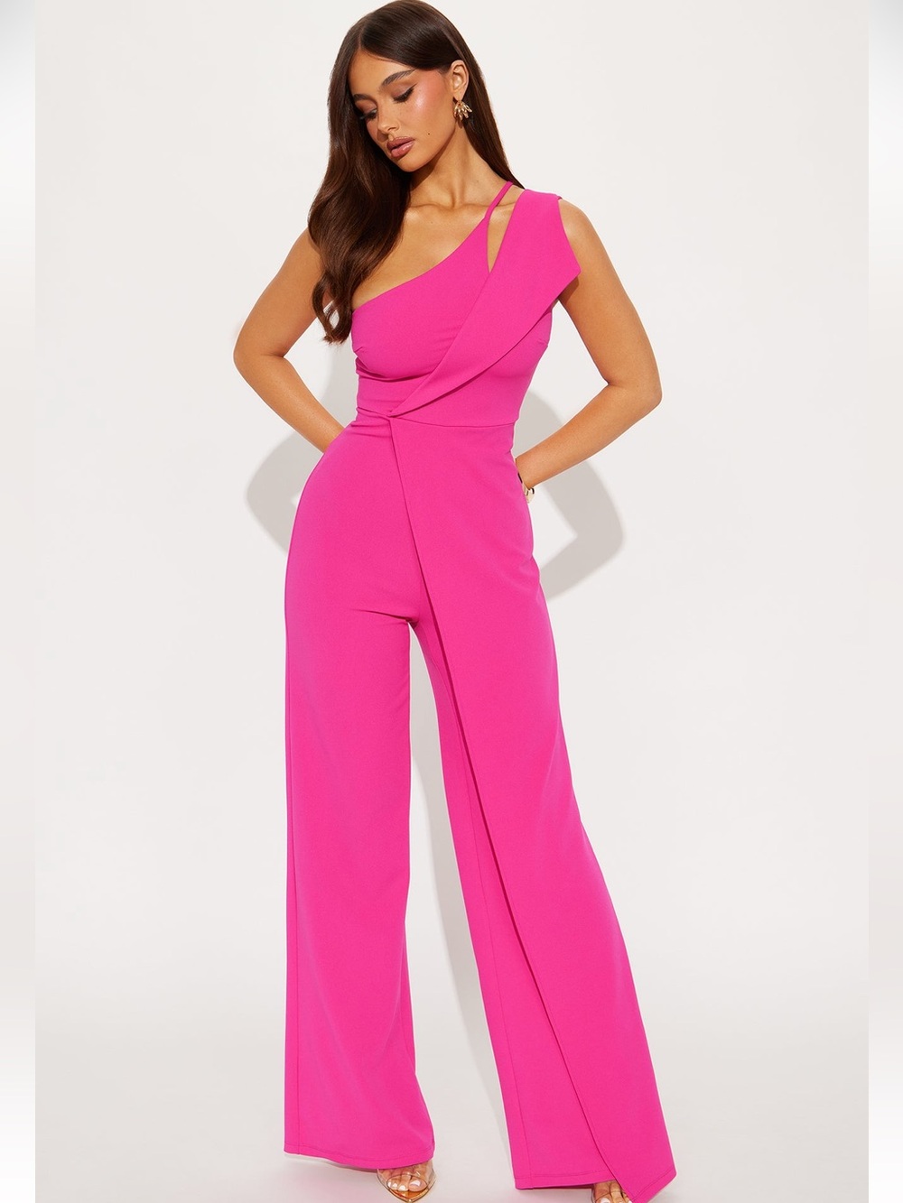 Fashion Nova Hot Pink One-Shoulder Wide-Leg Jumpsuit